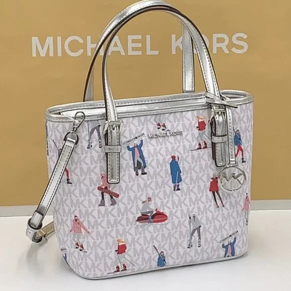 Michael Kors Jet Set Girls Print White Signature XS Carryall Top Zip Tote
